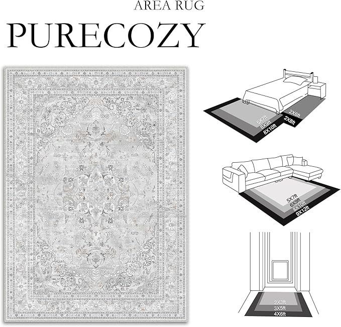 Grey 6x9 Area Rug Washable Vintage Carpet for Living Room Bedroom Large Soft Retro Floral Low Pile Thin Indoor Rug Non Slip Central Medallion Floor Cover for Dining Room Office