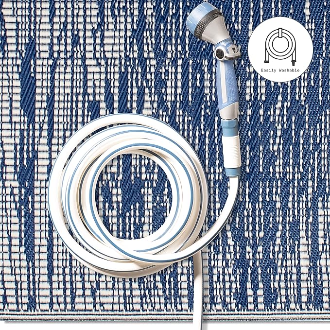 Fab Habitat Outdoor Rug - Waterproof, Fade Resistant, Crease-Free - Premium Recycled Plastic - Distressed Abstract - Porch, Deck, Balcony, Mudroom, Laundry Room, Patio - Brooklyn - Blue - 3 x 5 ft