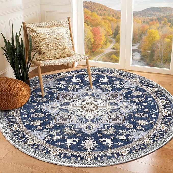 OPPODREAM Thin Round Rug 4ft, Washable Circle Rug 4ft with Non Slip Backing Play Room, Low-Pile Carpet 4 ft, Small Faux Cashmere Throw Carpet, Navy Blue & Gold