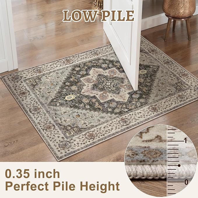 Kitchen Rugs 2x4 Washable Rug for Entryway Vintage Non Slip Small Rugs Front Door Mat Indoor Entrance, Print Distressed Throw Rug Grey Soft Low Pile Rugs Small Carpet for Entry Bedroom Bathroom