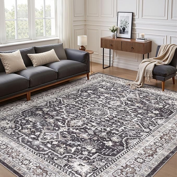 Black Rug Living Room Rugs: 8x10 Washable Boho Large Vintage Moody Soft Distressed Oriental Stain Resistant Non-Slip Indoor Floor Carpet for Bedroom Playroom Office Dining Room Retro Home House