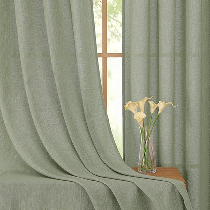 Simplebrand Sage Green Faux Linen Textured Semi Sheer Curtains 108 Inches Long 2 Panels for Living Room, Privacy Extra Long Light Filtering Farmhouse Thick Window Drapes for Large Window, 50W x 108L