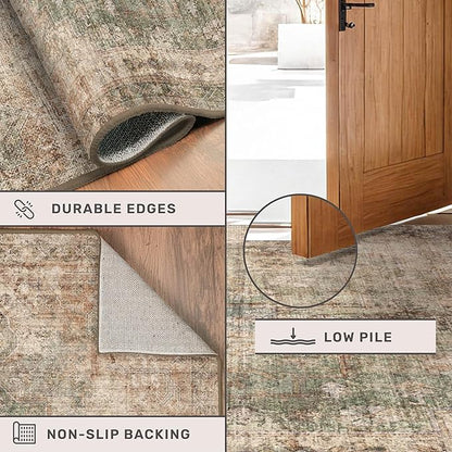 Low Pile Office Rugs for Rolling Chairs - 5x8 Modern Abstract Dark Rugs for Living Room, Large Entryway, Brown and Green with Burnt Orange Accent, Non Slip with Rubber Backed & Stain Resistant