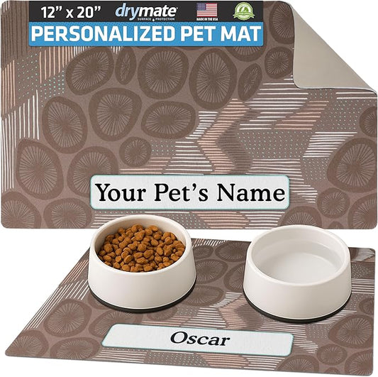 Drymate Personalized Pet Bowl Placemat, Custom Dog & Cat Food Feeding Mat - Absorbent Fabric, Waterproof Backing - Machine Washable/Durable (USA Made) (12" x 20") (Abstract Lines Grey)