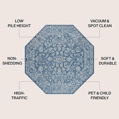 JONATHAN Y Weave Floral Indoor Outdoor Octagon Area Rug 5 Ft Navy/Gray, Tela Bohemian Textured for Backyard, Patio, Porch, Easy-Cleaning, High Traffic, Pet-Friendly, Non-Shedding (SMB100B-5TGN)