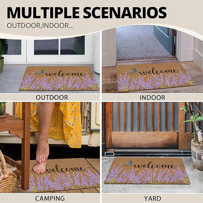 Lavender Floral Welcome Door Mat, Rustic Floral Butterfly Welcome Front Door Mat Indoor Outdoor Entrance, Purple Flower Artificial Coir Doormats Rugs for Porch Entryway Decor 30x17in
