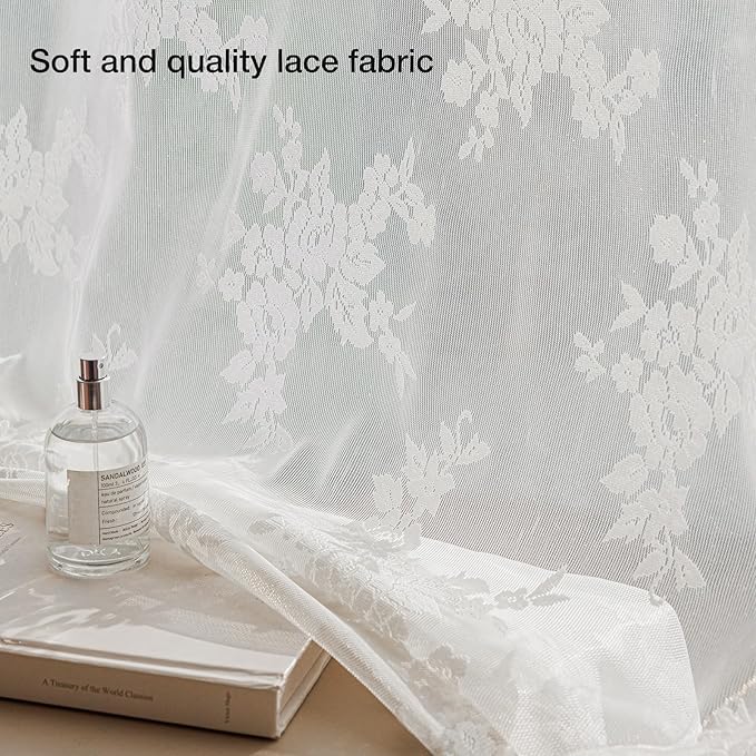 Anmao Vintage Lace Curtains 96 Inches Long 2 Panels, Romantic Elegant Light Filtering Semi Sheer Floral Thick Lacy Curtain Drapes for Living Room and Bedroom, Each Panel 55W x 96L, White Rose