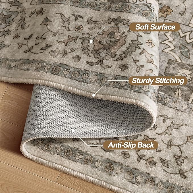 Tangsoo 8x10 Area Rugs for Living Room, 8x10 Washable Rug Vintage Indoor Non Slip Large Area Rugs, Print Distressed Grey Carpet, Soft Low Pile Foldable Floor for Bedroom Dining Room Dorm