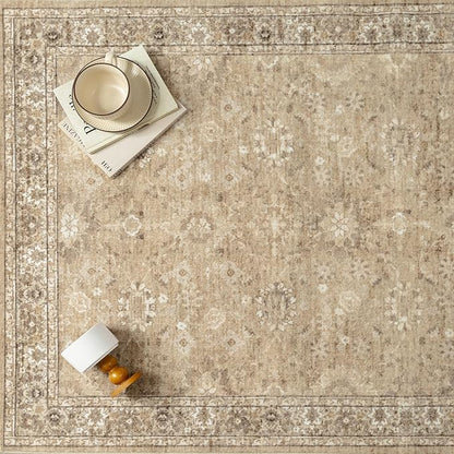 5x7 Brown Area Rug Non Slip Vintage Living Room Distressed Machine Washable Carpet Retro Indoor Bedroom Floral Traditional Accent Throw Rug for Office Kitchen Dorm Dining Room
