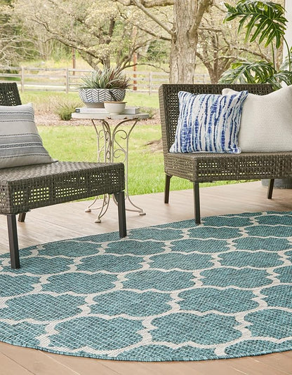 Unique Loom Outdoor Trellis Collection Area Rug (5' 1" x 8' Oval, Teal/ Gray)