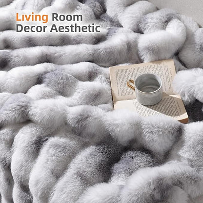 Smoofy Faux Fur Throw Blanket for Couch Rabbit Fleece - Tie-dye Grey Fluffy Blanket for Sofa Bedroom Living Room, Cozy Soft Plush Luxury Thick Winter Fuzzy Comfy Bubble Blanket - 60" x 80"