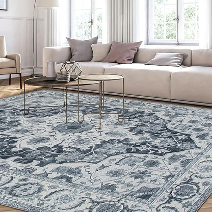 WILLSUN Washable Area Rugs, 9x12 Non-Slip Boho Large Area Rugs for Living Room, Bedroom, Machine Washable Vintage Rug, Indoor Floral Print Carpet for Home Decor, Kid & Pet Friendly Mat