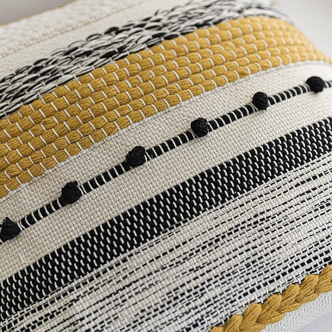 BlissBlush Fall Boho Decorative Throw Pillow Cover 22x22 Square Yellow Mustard Accent Pillowcase Tassels Farmhouse Cushion for Couch Sofa Bedroom Living Room Home Décor Cover ONLY (Pack of 1)