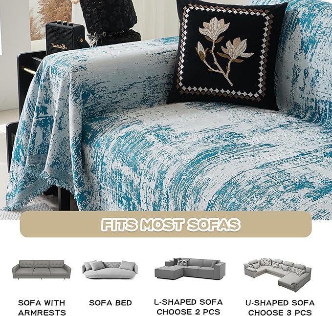 MEETSKY Boho Sofa Cover Sofa Slipcover Thick Chenille Blue Couch Cover for 3-4 Cushion Couch Sofa Reversible Universal Couch Cushion Cover XXL Sofa Protector for Dog Cat, 91"x150"