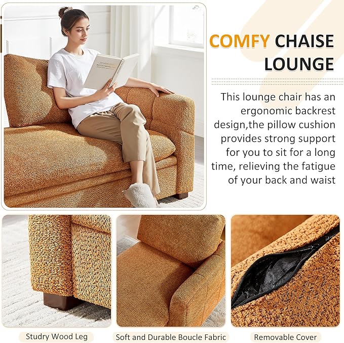 VANOMi Oversized 70.47'' Chaise Lounge Chair Indoor with Storage Space, Modern Upholstered Sofa Bed with Thick Cushion and Left Armrest, Boucle Leisure Recliner for Living Room, Bedroom, Office, Curry