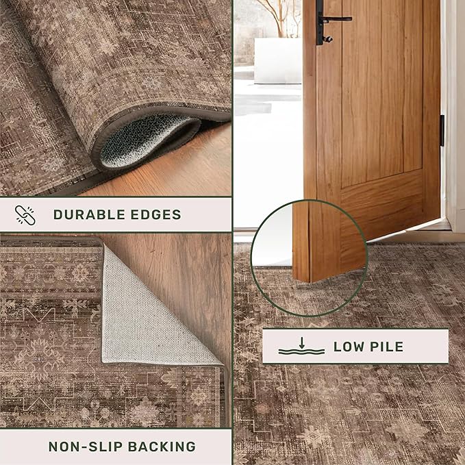 Boho Taupe Brown 5x7 Living Room Rug - Modern Vintage Traditional Oriental Neutral, Washable Low Pile Non-Slip Large Area Rugs for Nursery Dining Under Table