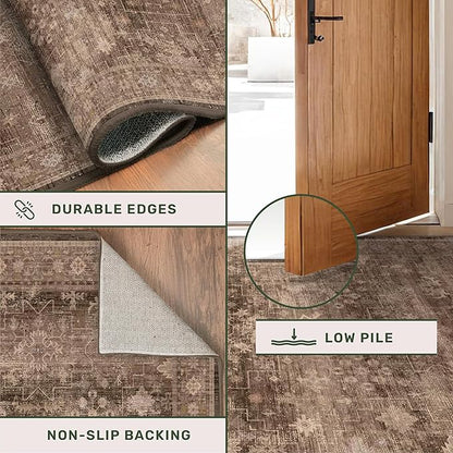 Boho Taupe Brown 3x5 Large Entryway Rug - Modern Vintage Traditional Eclectic Oriental Neutral, Washable Low Pile Non-Slip Area Rugs for Door Mat Indoor Entrance, Kitchen, Laundry