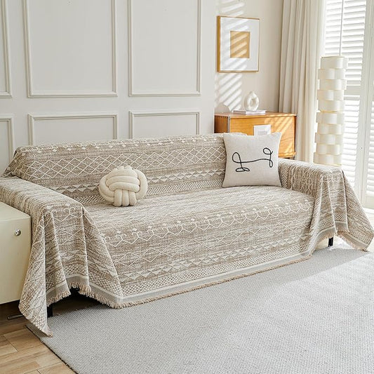 MEETSKY Boho Couch Cover Sofa Slipcover for Sectional Sofa Covers Protector Universal Use Chenille Blend Thick Fabric Washable, Modern Design Sofa Throw Cover for Living Room, 71" x 118", Khaki