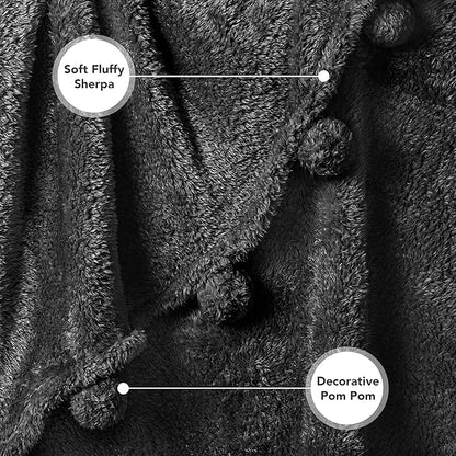 PAVILIA Black Sherpa Throw Blanket for Couch, Warm Plush Pom Pom Throw, Fuzzy Sofa Blanket, Lightweight Soft Cozy Fluffy With Pom Poms, 50x60