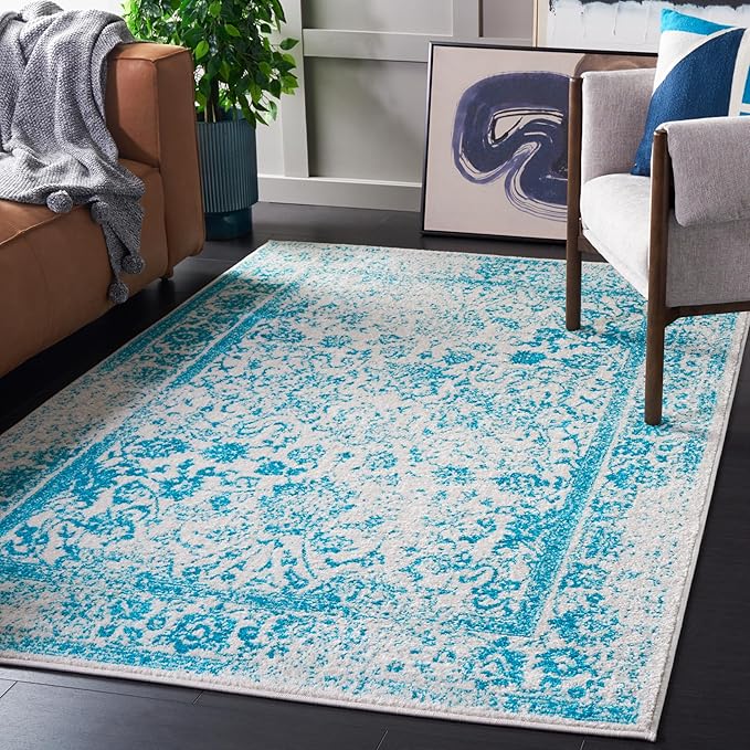 SAFAVIEH Area Rug 4x6 - Adirondack Collection - Ivory & Teal, Distressed Vintage Floral Design, Non-Shedding & Easy to Clean, Ideal for Living Room, Bedroom, Dining Space (ADR109D)