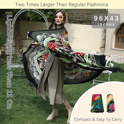 DANA XU 100% Merino Wool Extra Large Pashmina Blanket Travel Scarf Cashmere Wrap for Women Fall Winter Oversize Shawl Floral