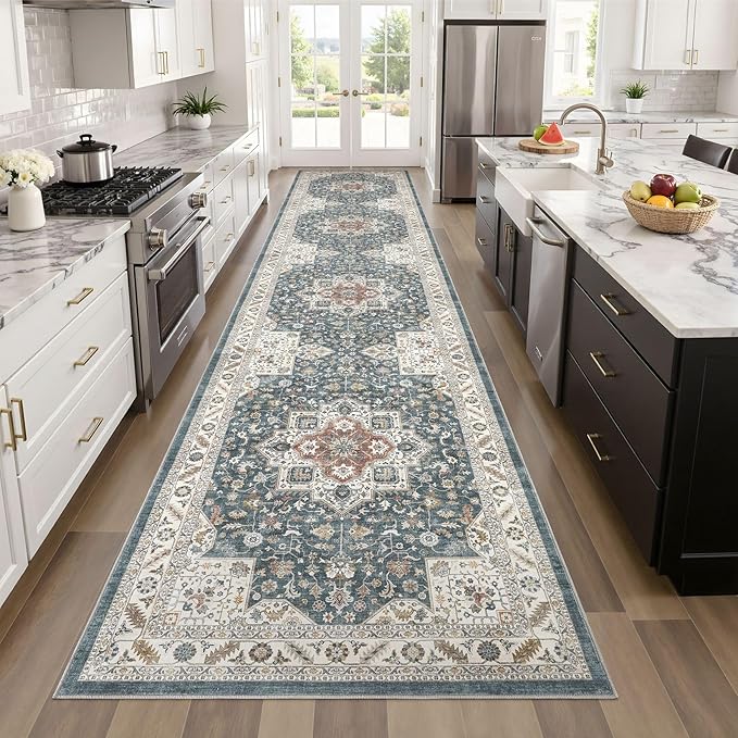 Vintage Hallway Runner Rug 3x8: Large Soft Washable Entryway for Kitchen Laundry Room Non-Slip Backing Runner for Entrance Living Room Bedroom Bathroom - Vintage Blue