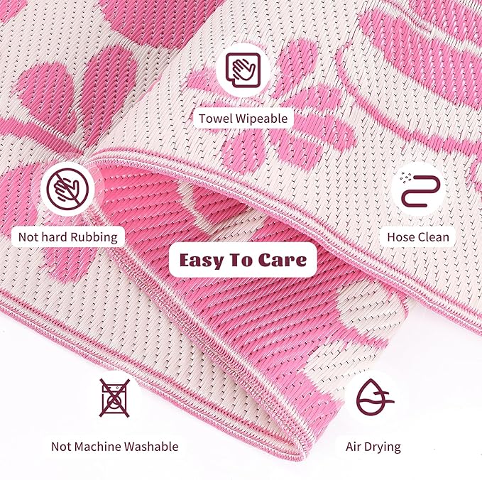 Ileading Outdoor Plastic Straw Rug 5x8ft Funny Floral Style Reversible Patio Area Rugs Waterproof Non Shedding Portable Carpets for Rv Outside Deck Pool Beach Picnic Camping (Pink)