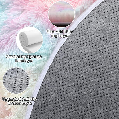 ONASAR Rainbow Round Area Rug 4ft, Soft Bedroom Circle Rugs Mats for Kids Girls Teen Room, Kawaii Fluffy Plush Shaggy Carpet for Baby Nursery Living Room Playroom Home Decor Princess Castle