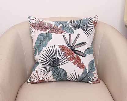 Yeiotsy Throw Pillow Cover, Tropical Leaf Decorative Cushion Case Thick Jacquard Chenille (Teal & Red, 18 x 18 Inches)