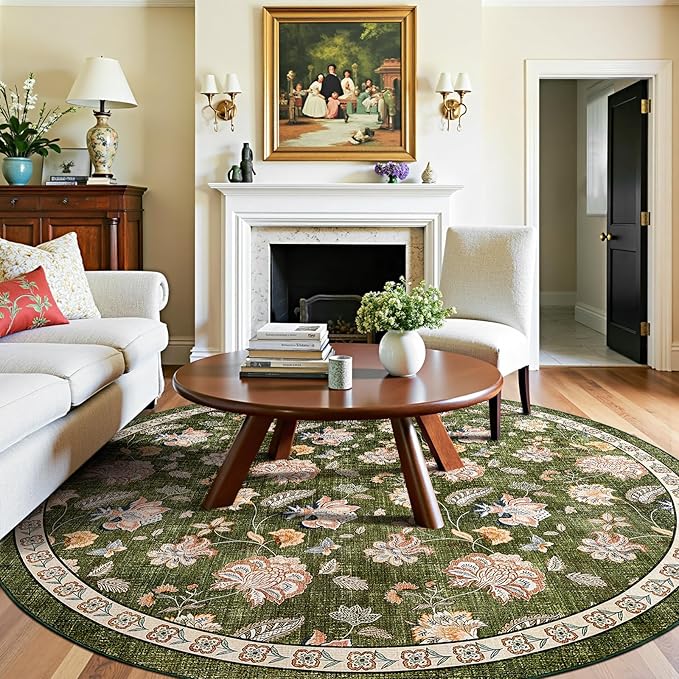 jinchan Elora 8ft Floral Round Rug for Washable Living Room Rug Vintage Romance Christmas Design Non Slip Indoor Floor Cover Lightweight Low-Profile Throw Carpet for Bedroom Porch Patio, Green
