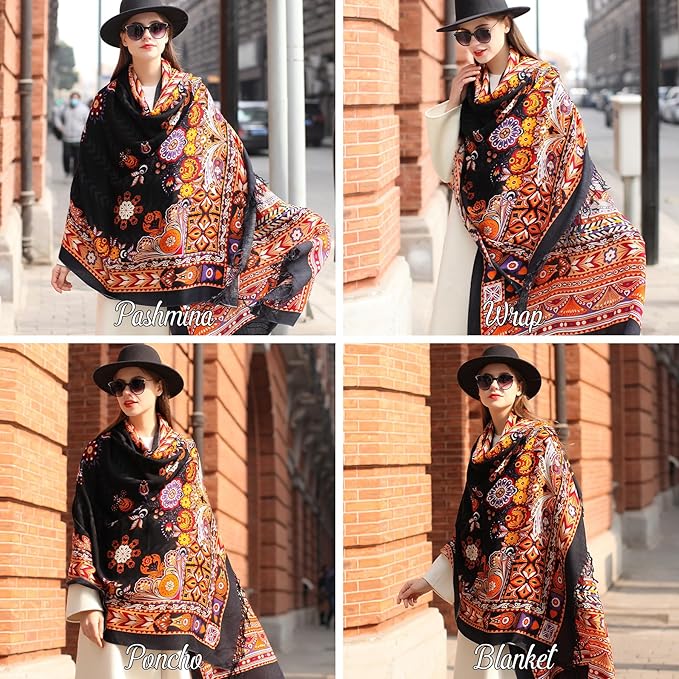 DANA XU 100% Merino Wool Pashmina Shawl for Women 96"x43", Oversized Cashmere Wrap with Tassels, Floral Travel Blanket Cape
