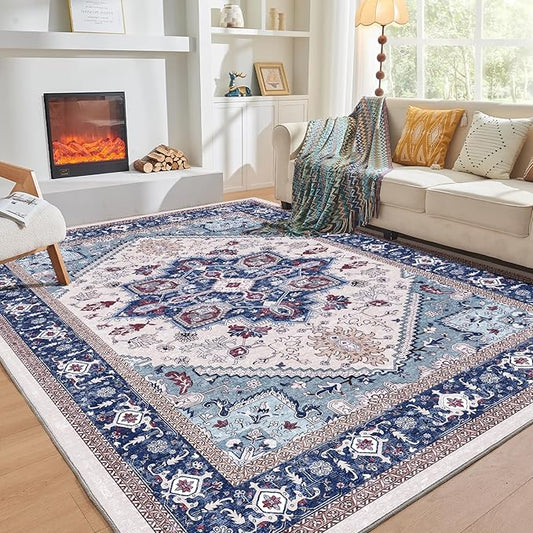 OPPODREAM Thin Area Rugs 5x7, 5x7 Washable Rug with Non Slip Backing, 5 x 7 Faux Cashmere Low-Pile Carpet, Navy Blue & Red & Cream