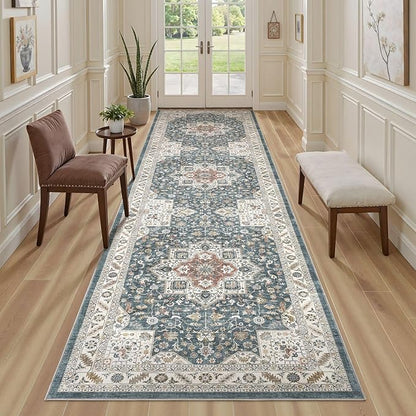 Vintage Hallway Runner Rug 3x10: Large Soft Washable Entryway for Kitchen Laundry Room Non-Slip Backing Runner for Entrance Living Room Bedroom Bathroom - Vintage Blue