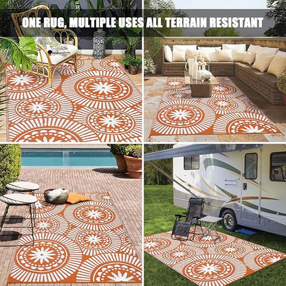 Ileading Outdoor Plastic Straw Rug 6x9ft Modern Geometric Style Reversible Patio Area Rugs Waterproof Non Shedding Portable Carpets for Rv Outside Deck Pool Beach Picnic Camping (Orange)