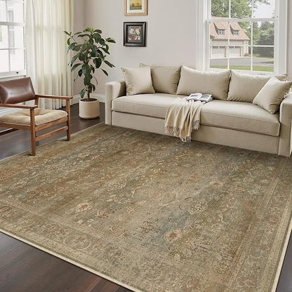 Vintage Area Rug 5x7 Washable Brown Living Room Carpet Large Indoor Non Slip Bedroom Low Pile Kitchen Distressed Retro Accent Throw Rug for Dining Room