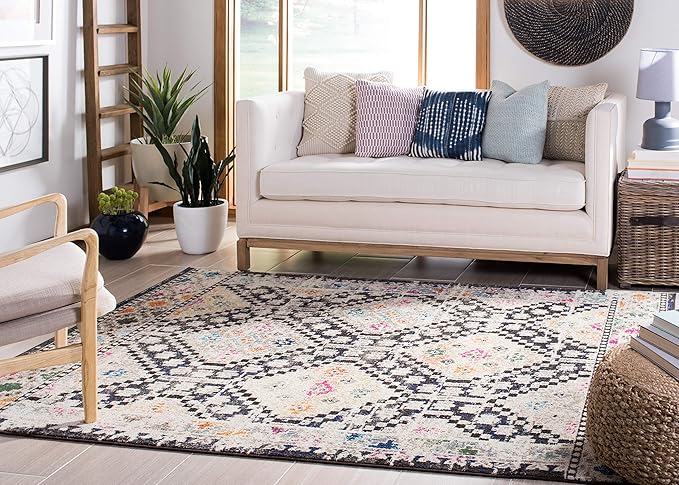 SAFAVIEH Madison Collection Area Rug - 9' Square, Black & Yellow, Boho Diamond Distressed Design, Non-Shedding & Easy Care, Ideal for High Traffic Areas in Living Room, Bedroom (MAD418Z)