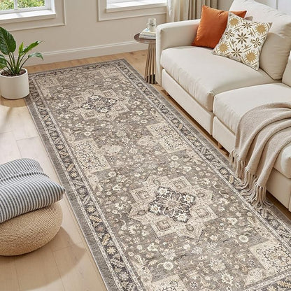 Vintage Hallway Runner Rug 3x8: Large Soft Washable Entryway for Kitchen Laundry Room Non-Slip Backing Runner for Entrance Living Room Bedroom Bathroom - Brown