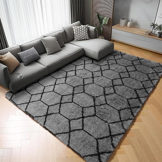 ONASAR Bedroom Living Room Area Rugs 5x8, Grey and Black Geometric Rug Floor Mat for Home Decor Aesthetic, Soft Shaggy Plush Fluffy Moroccan Carpet for Teen Nursery Playroom Dorm Classroom