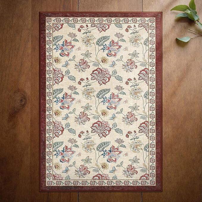 jinchan Elora 2x3 Floral Rug for Entryway Washable Kitchen Rug Vintage Romance Design Christmas Small Mat Non Slip Indoor Doormat Lightweight Low-Profile Throw Carpet for Entrance Bathroom, Red/Beige