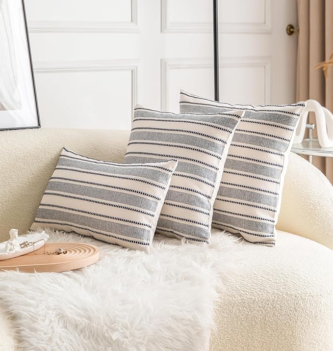 Decorative Boho Lumbar Throw Pillow Covers, Farmhouse Textured Pillow Case, 12 x 20 Inch Set of 2, Chair Sofa Bedroom Living Room Decor Couch Cushion Case, Navy Blue and Beige