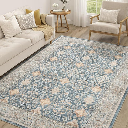 Vintage Living Room Area Rug 5x7 - Large Soft Washable Oriental Traditional Distressed Farmhouse Rugs for Bedroom - Indoor Floor Accent Carpet for Home Office House Decor - Dark Blue