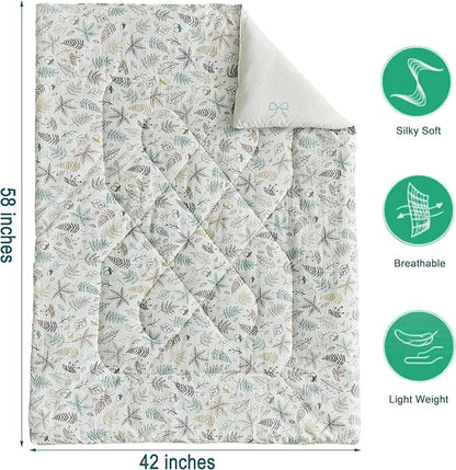 JHXHMX 4 Pieces Toddler Bedding Set for Girls,Leaves Pattern Toddler Comforter Set,Soft Crib Bed Set Including Comforter,Sheets and Pillowcase-Leaf