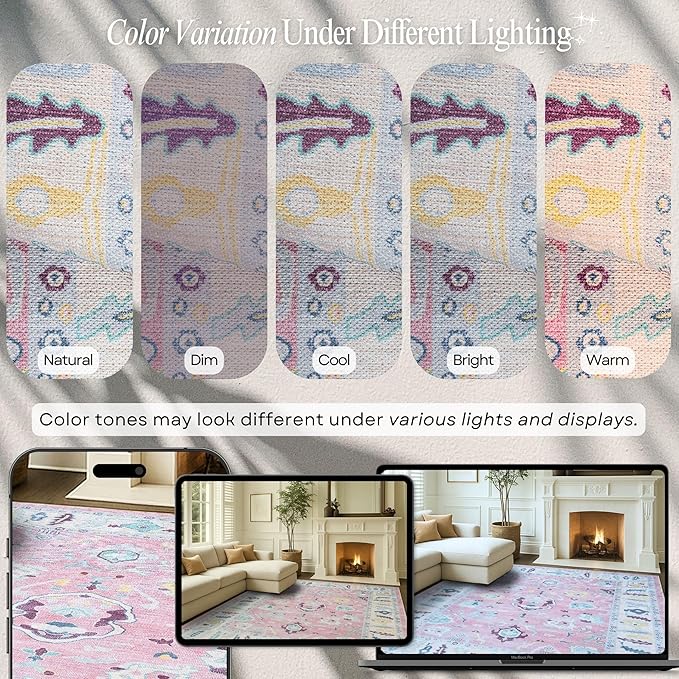 Fame Rugs Pink Modern Oushak Rug 3x5, Washable Vintage Turkish Colorful Oriental Antique Inspired Foldable Small Area Rugs, Luxury Living Room Bedroom (385PB, 2'6" x 5')