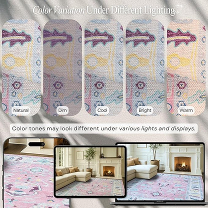 Fame Rugs Pink Modern Oushak Rug 9x12, Vintage Turkish Colorful Oriental Washable Antique Inspired Oversize Area Rugs, Luxury Living Room Bedroom (385PB, 9' x 12)