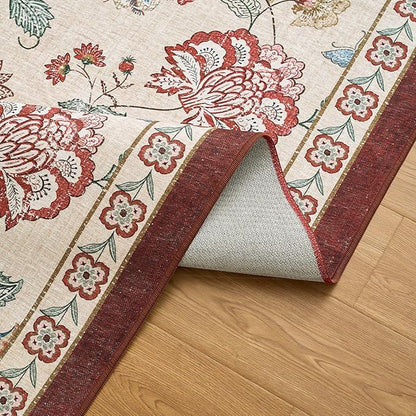 jinchan Elora 5ft Floral Round Rug for Entryway Washable Rug Vintage Romance Christmas Design Non Slip Indoor Doormat Lightweight Low-Profile Throw Carpet for Living Room Dining Room, Red/Beige