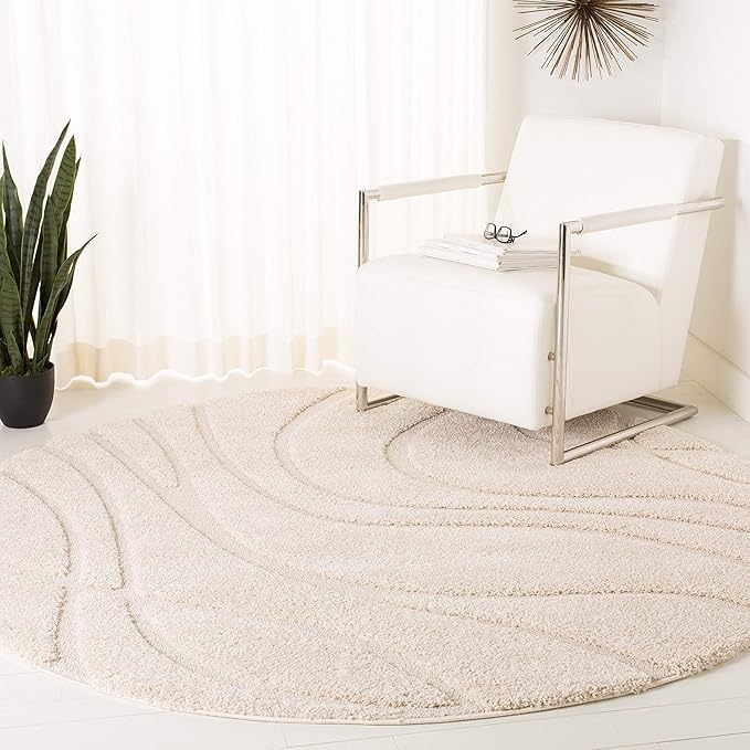 SAFAVIEH Florida Shag Collection Area Rug - 5' Round, Creme & Creme, Non-Shedding & Easy Care, 1.2-inch Thick Ideal for High Traffic Areas in Living Room, Bedroom (SG471-1111)