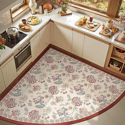 jinchan Elora Floral Corner Rug for Living Room Washable Rug Vintage Romance Christmas Design Non Slip Quarter Circle Lightweight Low-Pile Throw Carpet for Reading Playroom, 6ft Radius, Red/Beige