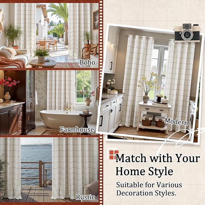 Linen Blackout Curtains for Bedroom - Boho Plaid Curtains Thermal Insulated, Pattern Printed Rustic Drapes Cottage Core Window Treatments for Farmhouse, 52x63 Inch 2 Panels, Dark Green