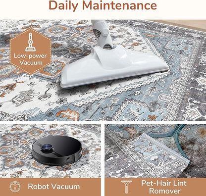 OPPODREAM Thin Area Rugs 9x12 Living Room, Washable Rugs 9x12 with Non Slip Backing, Faux Cashmere Low-Pile 9 x 12 Carpet, Grey & Teal & Yellow