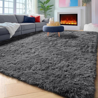 ONASAR Grey Area Rugs for Living Room Bedroom, 5x8 Gray Fluffy Shag Rug, Washable Ultra Soft Plush Shaggy Large Indoor Floor Carpet for Nursery Kids Girls Boys Teen Home Office Decor Aesthetic